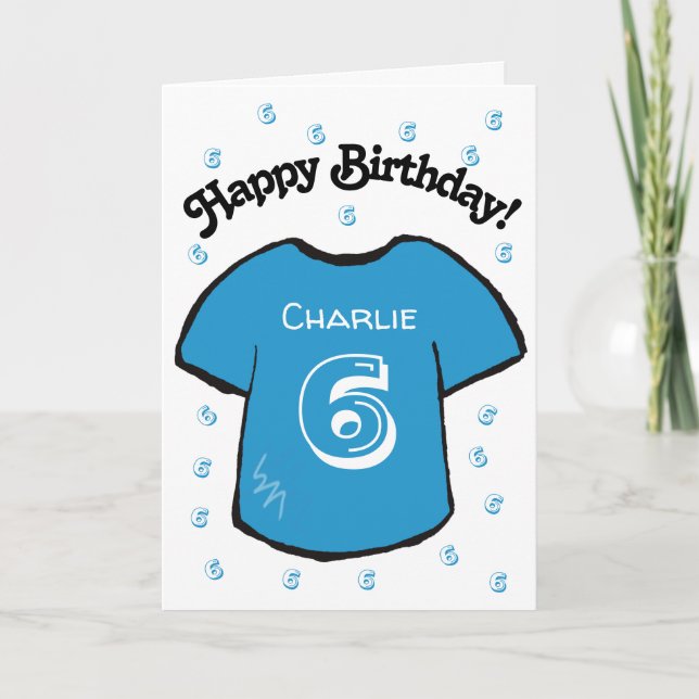 boy's 6th birthday blue football shirt card (Front)