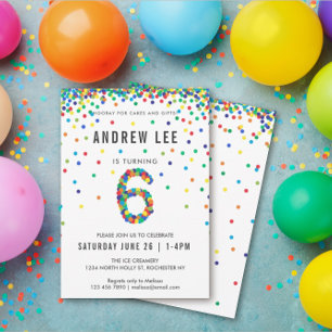 Boys 6th Birthday Party, Primary Color Confetti Invitation