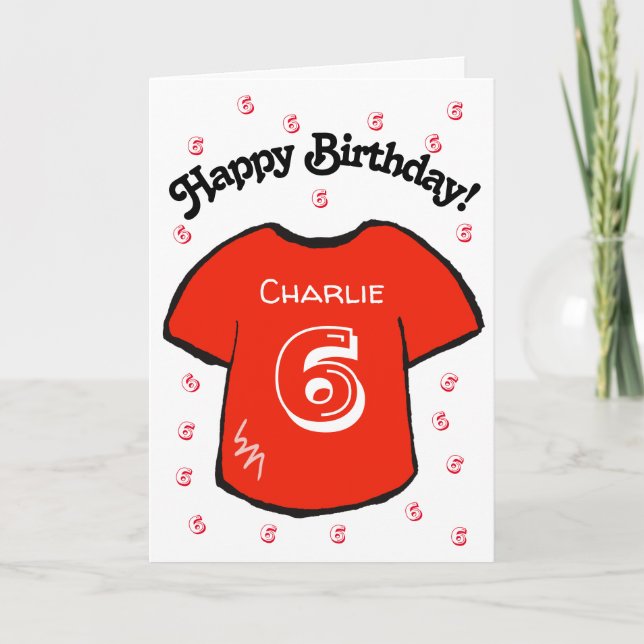 boy's 6th birthday red football shirt card (Front)