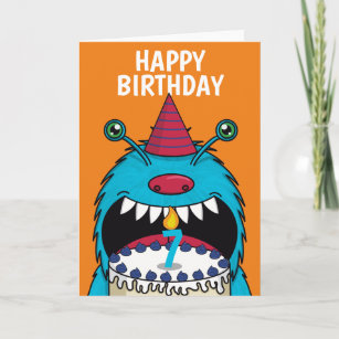 Boys 7th Birthday Blue Monster Cute Card