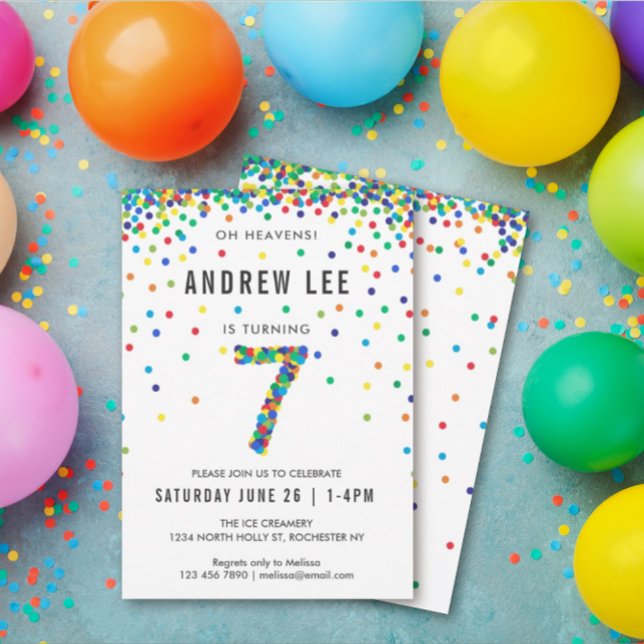 Boys 7th Birthday Party, Primary Colour Confetti Invitation (Creator Uploaded)