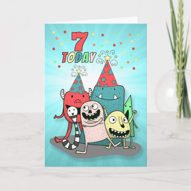 Boys 7th Birthday Red and Blue Cartoon Monsters Holiday Card (Front)