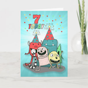 Boys 7th Birthday Red and Blue Cartoon Monsters Holiday Card