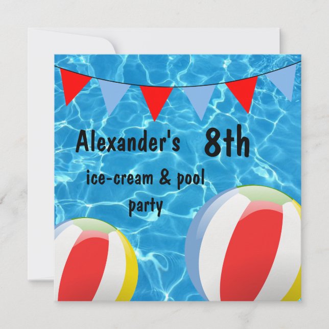 Boy's 8th Ice-Cream & pool Party Invitation (Front)