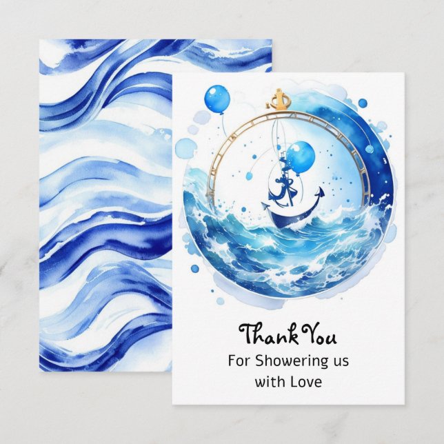 Boy's Adventure Nautical Watercolor Baby Shower Thank You Card (Front/Back)