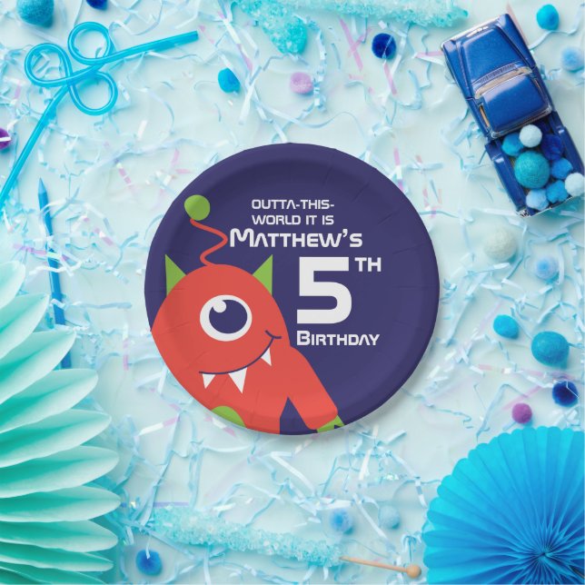 Boys alien 5th birthday customised plate (Party)