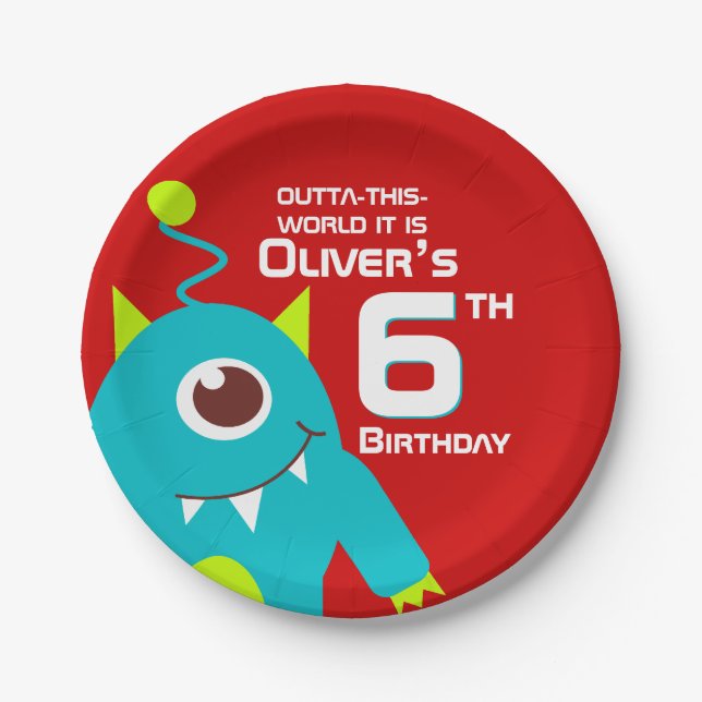 Boys alien 6th birthday customised plate (Front)