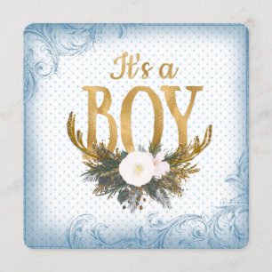 Boys Antler Baby Shower Blue and Gold Invitation