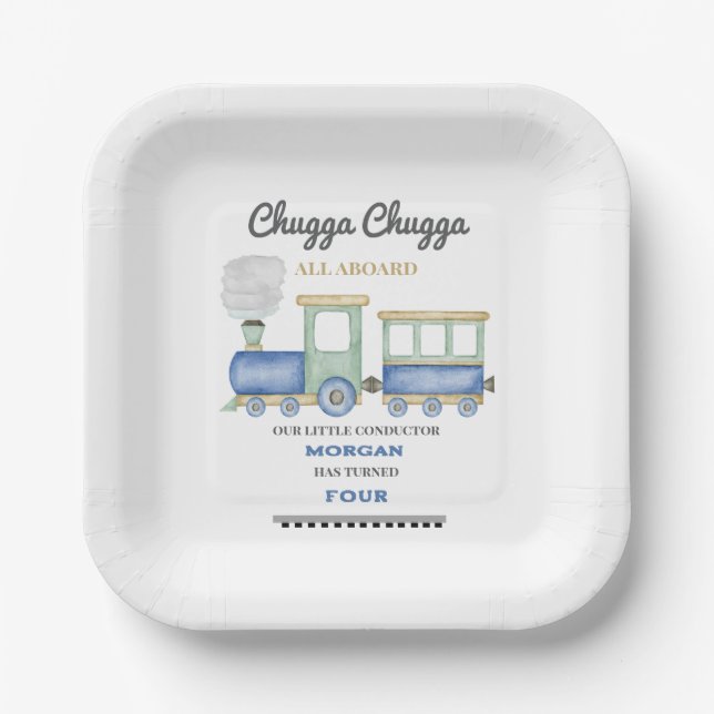 Boy's Any Age Birthday Blue Train Chugga Choo   Paper Plate (Front)