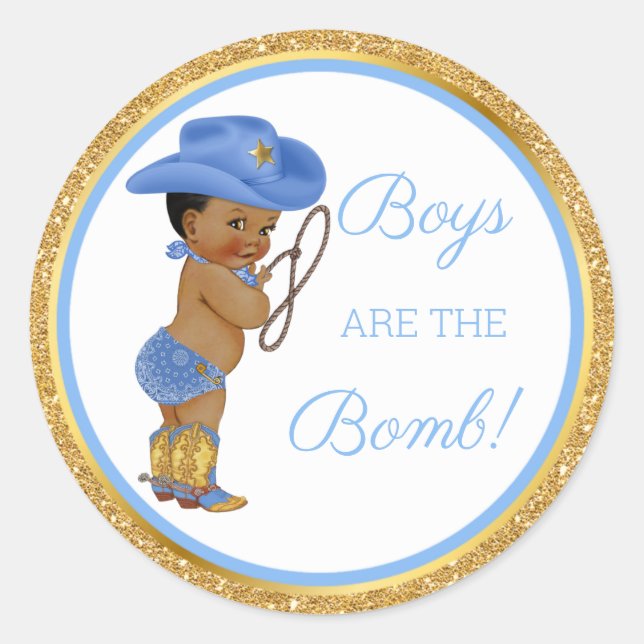 Boys are the Bomb! Cowboy Bath Gift Etc Blue Gold Classic Round Sticker (Front)