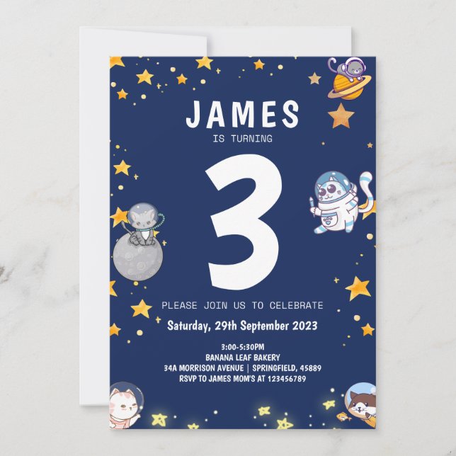 Boys Astronaut Cat Navy Kids Birthday Invitation (Front)