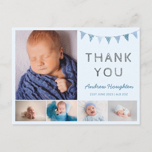 Boys baby blue birth announcement card photo (Front)