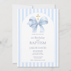Boy's Baptism and 1st Birthday Blue Stripe Invitation