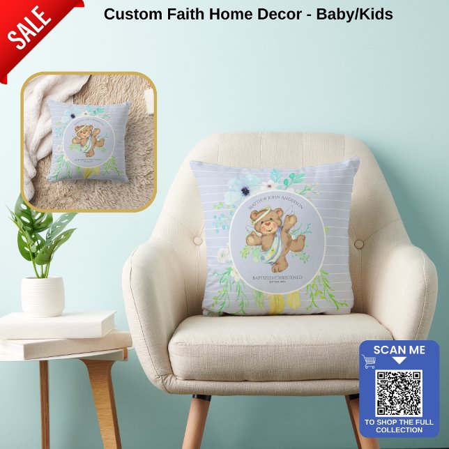 BOYS BAPTISM - BLUE Angel Teddy bear Personalised Cushion (Creator Uploaded)