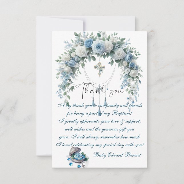 Boys Baptism Blue Cloud Thank You Card (Front)