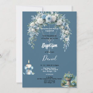 Boy's Baptism Blue Floral  Invitation
