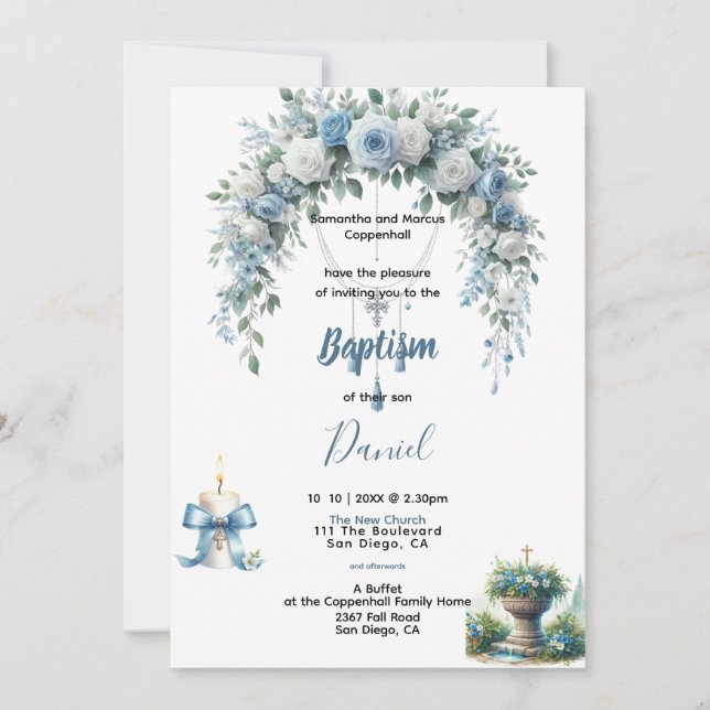 Boy's Baptism Blue Floral  Invitation (Front)