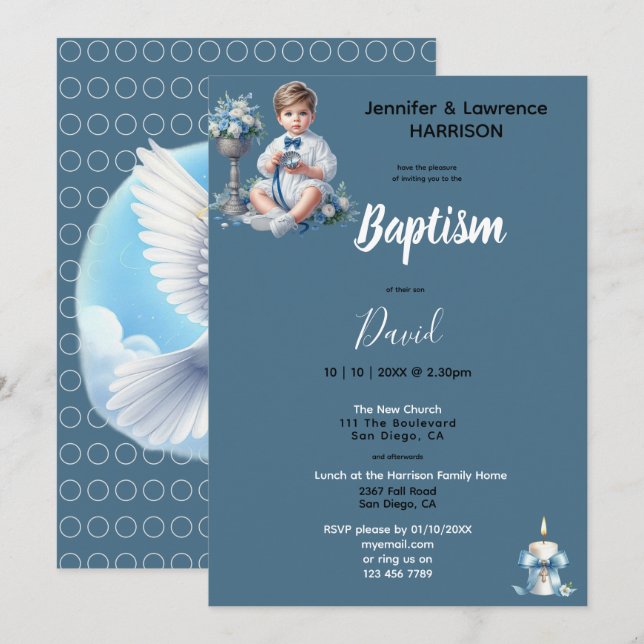 Boy's Baptism Blue Personalised Invitation (Front/Back)