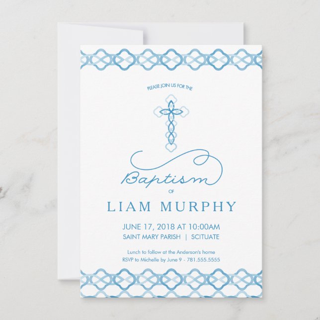 Boy's Baptism, Christening Invitation - Blue Cross (Front)