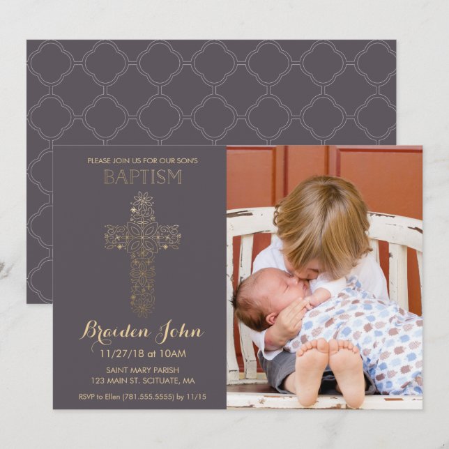 Boy's Baptism, Christening Invitation, Photo, Gold Invitation (Front/Back)