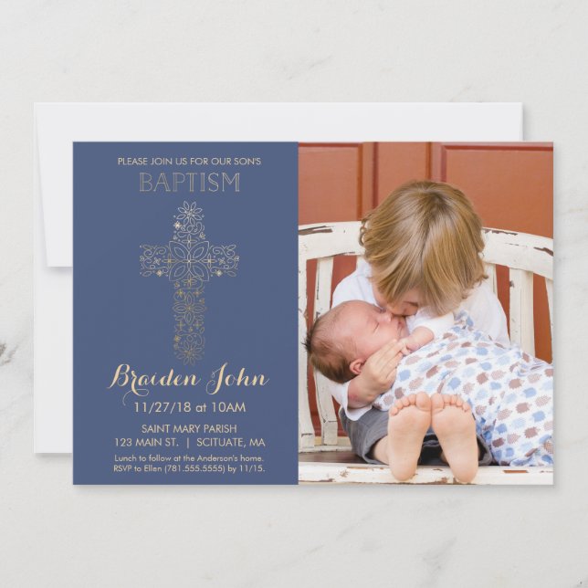 Boy's Baptism, Christening Invitation, Photo, Gold Invitation (Front)