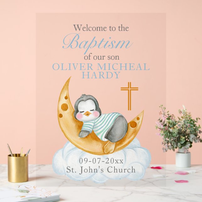 Boys Baptism Christening Welcome Baby Penguin Acrylic Sign (Wedding)