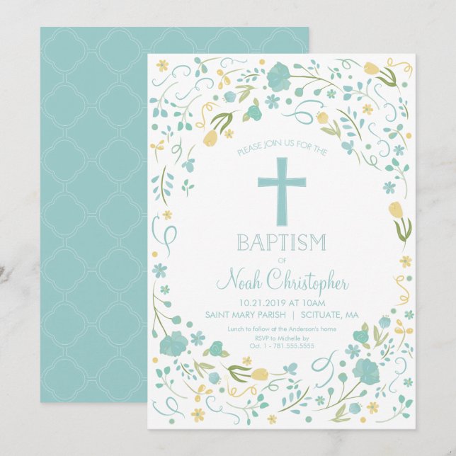 Boy's Baptism Invitation Beautiful Cross, Flowers (Front/Back)