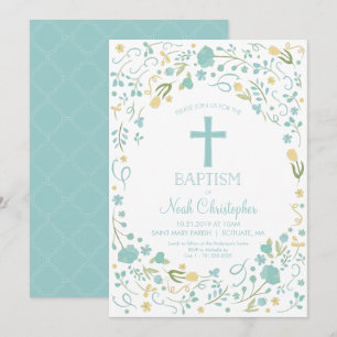 Boy's Baptism Invitation Beautiful Cross, Flowers
