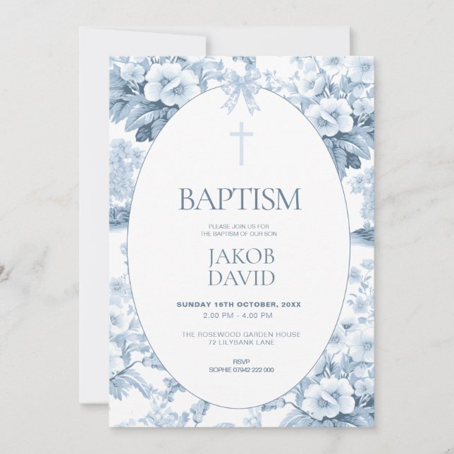 Boys Baptism Invitation Blue Vintage Floral Toile (Front)