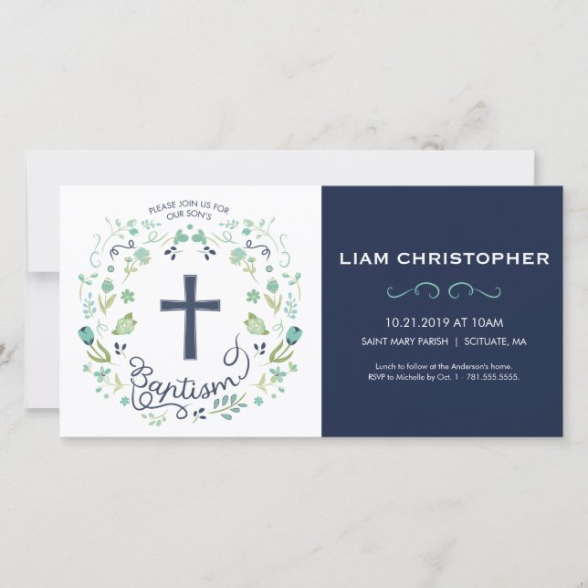 Boy's Baptism Invitation Card - Invite w/ Cross (Front)