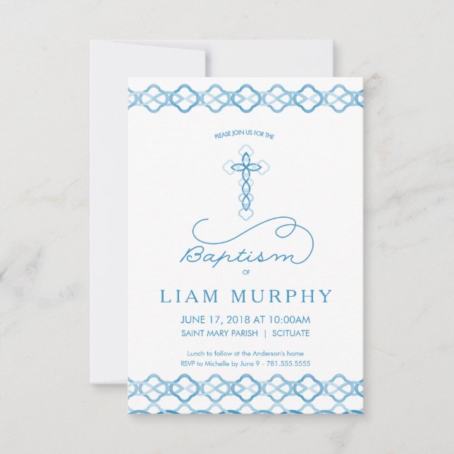Boy's Baptism Invitation - Fancy Blue Cross (Front)