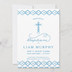 Boy's Baptism Invitation - Fancy Blue Cross - 5x7