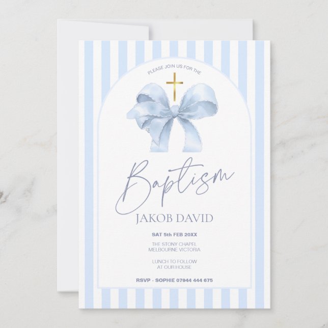 Boys Baptism Invitation, Modern Blue Bow & Stripe Invitation (Front)