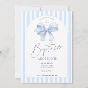 Boys Baptism Invitation, Modern Blue Bow & Stripe Invitation