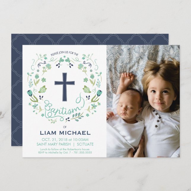 Boy's Baptism Invitation - Photo, Custom, Pretty (Front/Back)