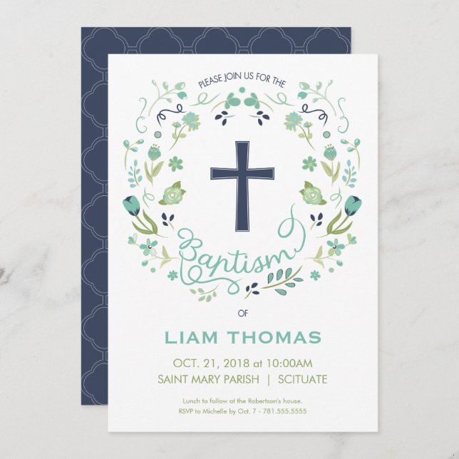 Boy's Baptism Invitation w/ Cross, Customise (Front/Back)