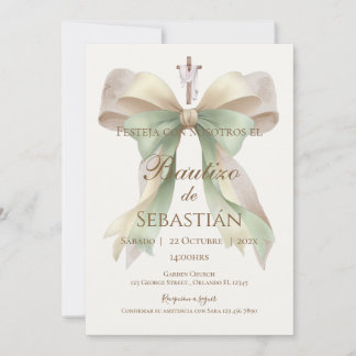 Boy's baptism invitation with beige bows and green