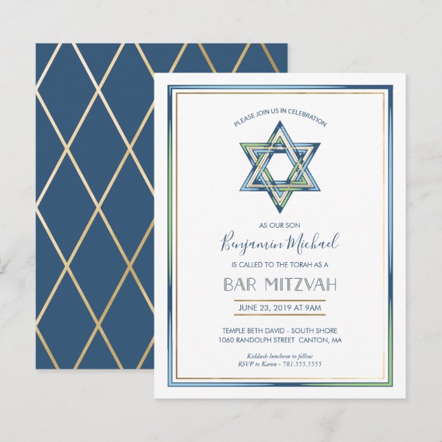 Boy's Bar Mitzvah Invitation; Star of David, Gold Invitation (Front/Back)