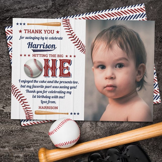 Boys Baseball 1st Birthday Photo Thank You Card (Creator Uploaded)