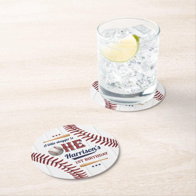 Boys Baseball 1st Birthday Round Paper Coaster (Insitu)