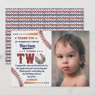 Boys Baseball 2nd Birthday Photo Thank You Card