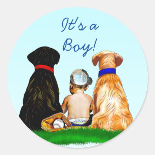 Boy's Baseball and Dogs Themed Baby Shower Classic Round Sticker