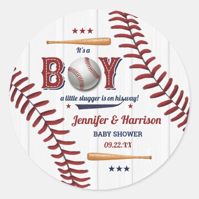 Boys Baseball Baby Shower Classic Round Sticker (Front)