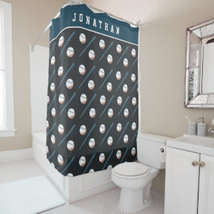 Boys Baseball Bat & Ball Sport Masculine Kids Name Shower Curtain