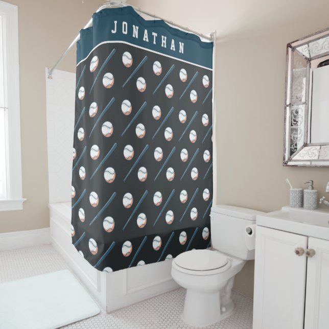 Boys Baseball Bat & Ball Sport Masculine Kids Name Shower Curtain (In Situ)