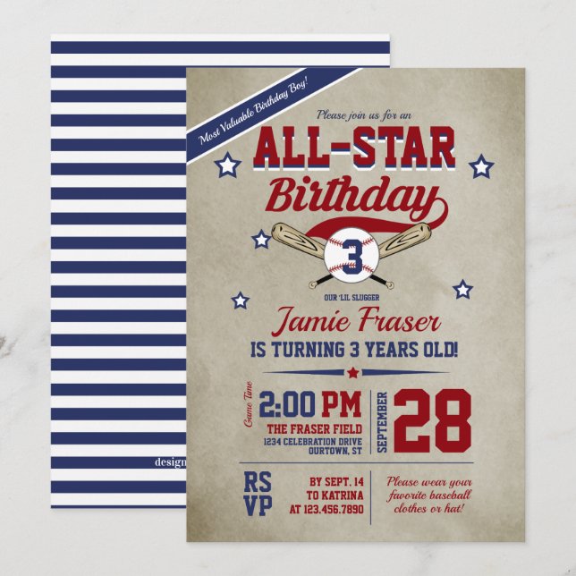 Boy's Baseball Birthday Party Invitation (Front/Back)