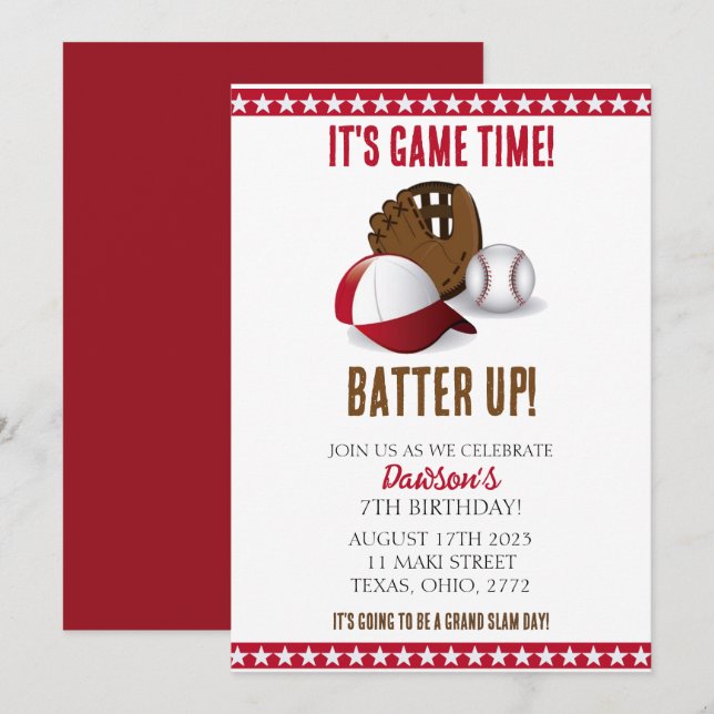 Boy's Baseball Birthday Party Invitation (Front/Back)