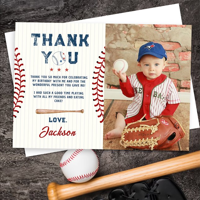 Boys Baseball Birthday Photo Thank You Card  (Creator Uploaded)