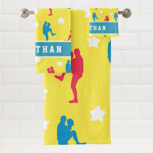 Boys Baseball Colourful Player Star Name & Number  Bath Towel Set