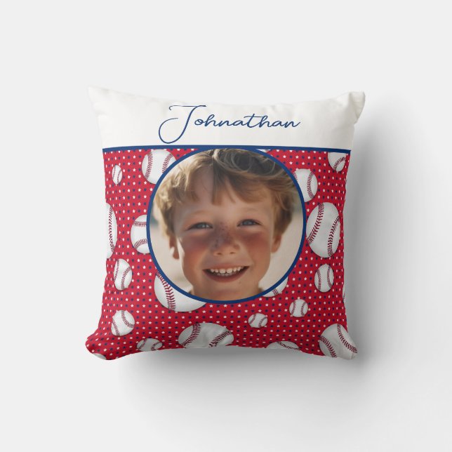 Boys Baseball Red White Blue Custom Photo w/ Name Cushion (Front)